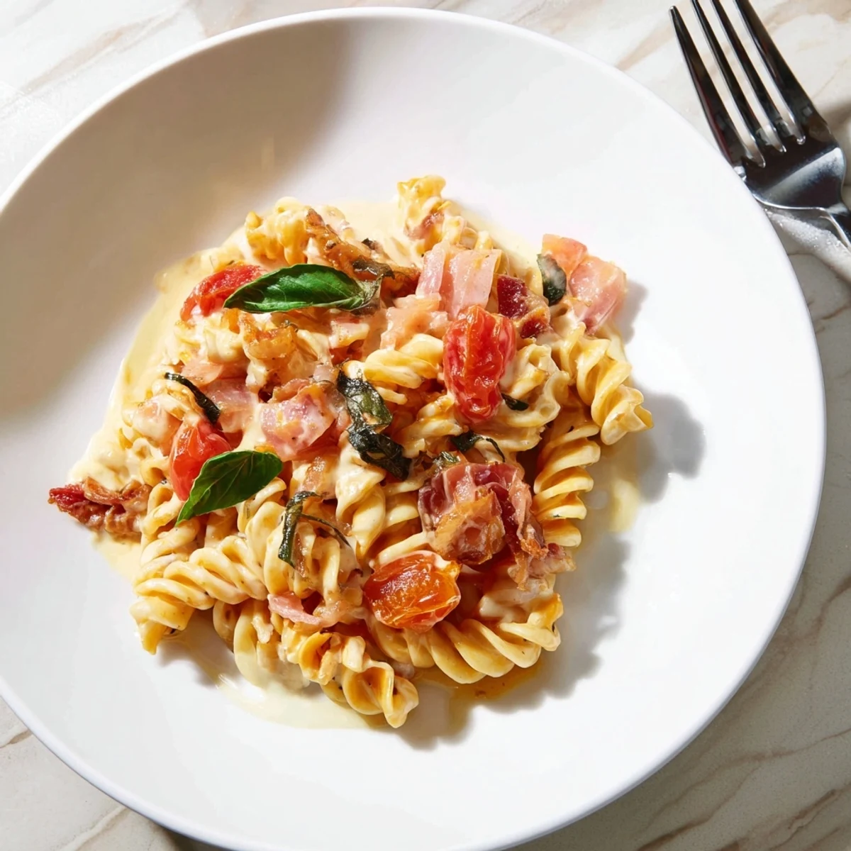 Delicious Baked Feta Pasta 2.0 served steaming with fresh basil garnishes.  