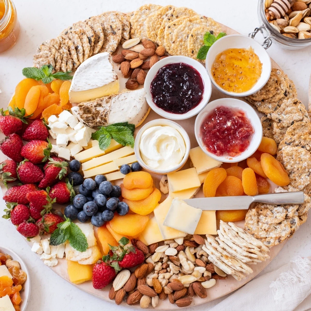 A colorful jam-infused brunch board featuring fresh fruits, cheeses, and artisan breads.  
