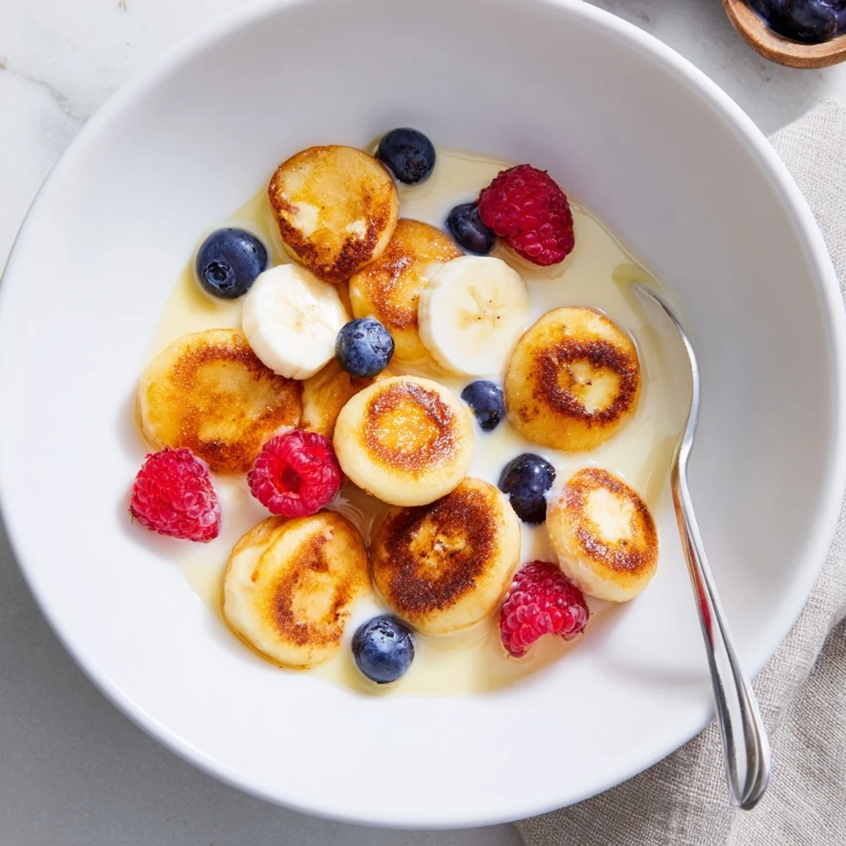 Bite-sized mini pancake cereal topped with milk and vibrant fruit slices.