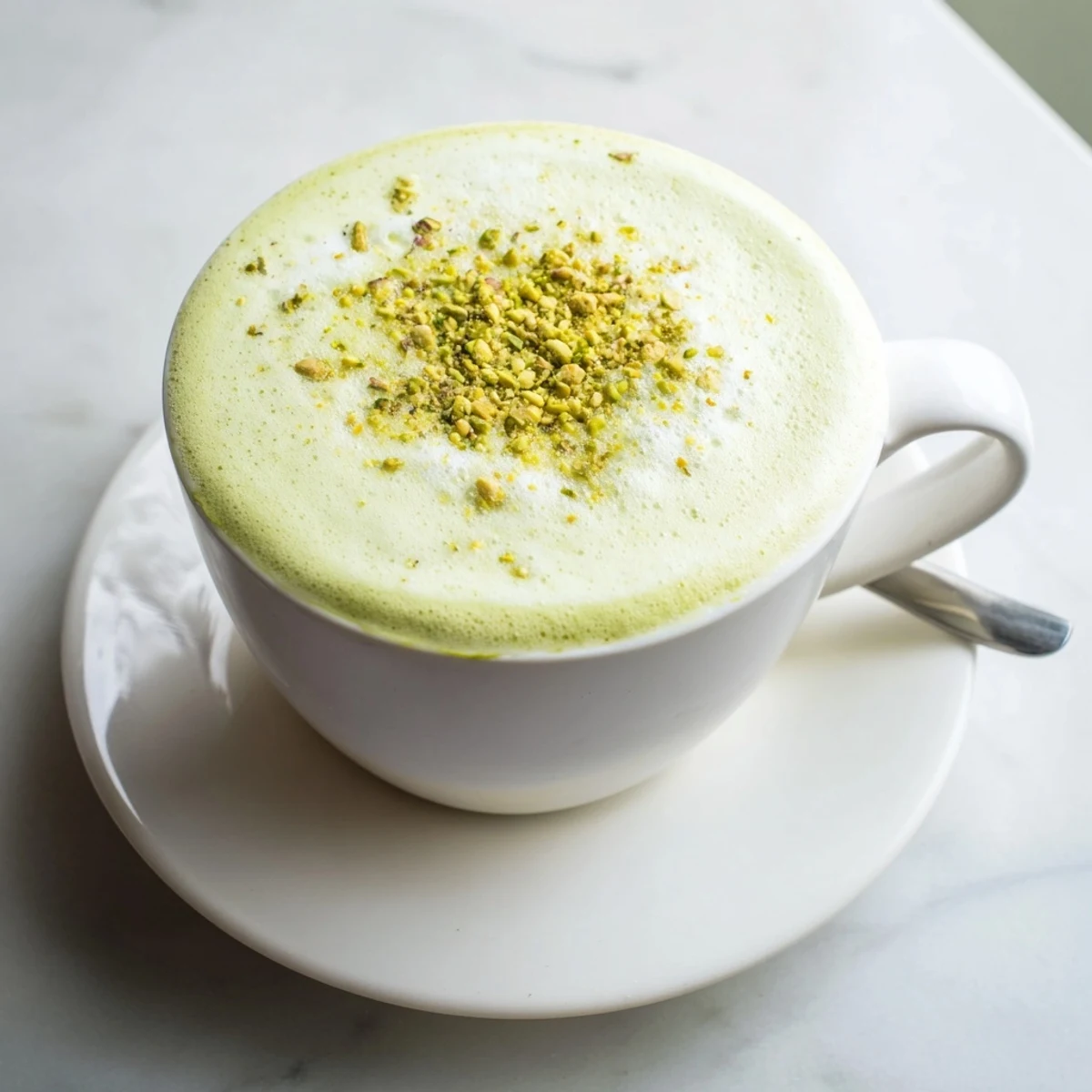 Creamy pistachio milk latte topped with froth and crushed nuts, a perfect morning treat.  
