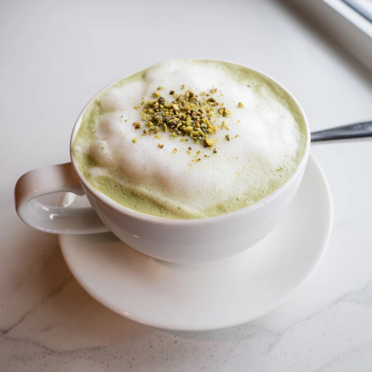 A delicious homemade pistachio milk latte enticingly garnished with crushed pistachios.  
