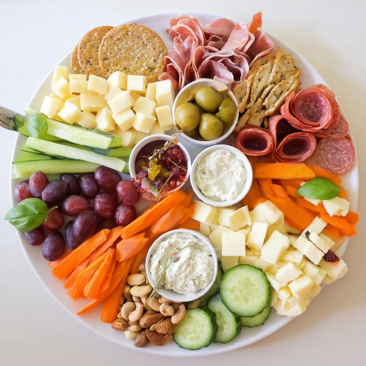 A vibrant Girl Dinner Platter filled with colorful cheeses, fruits, and dips.  