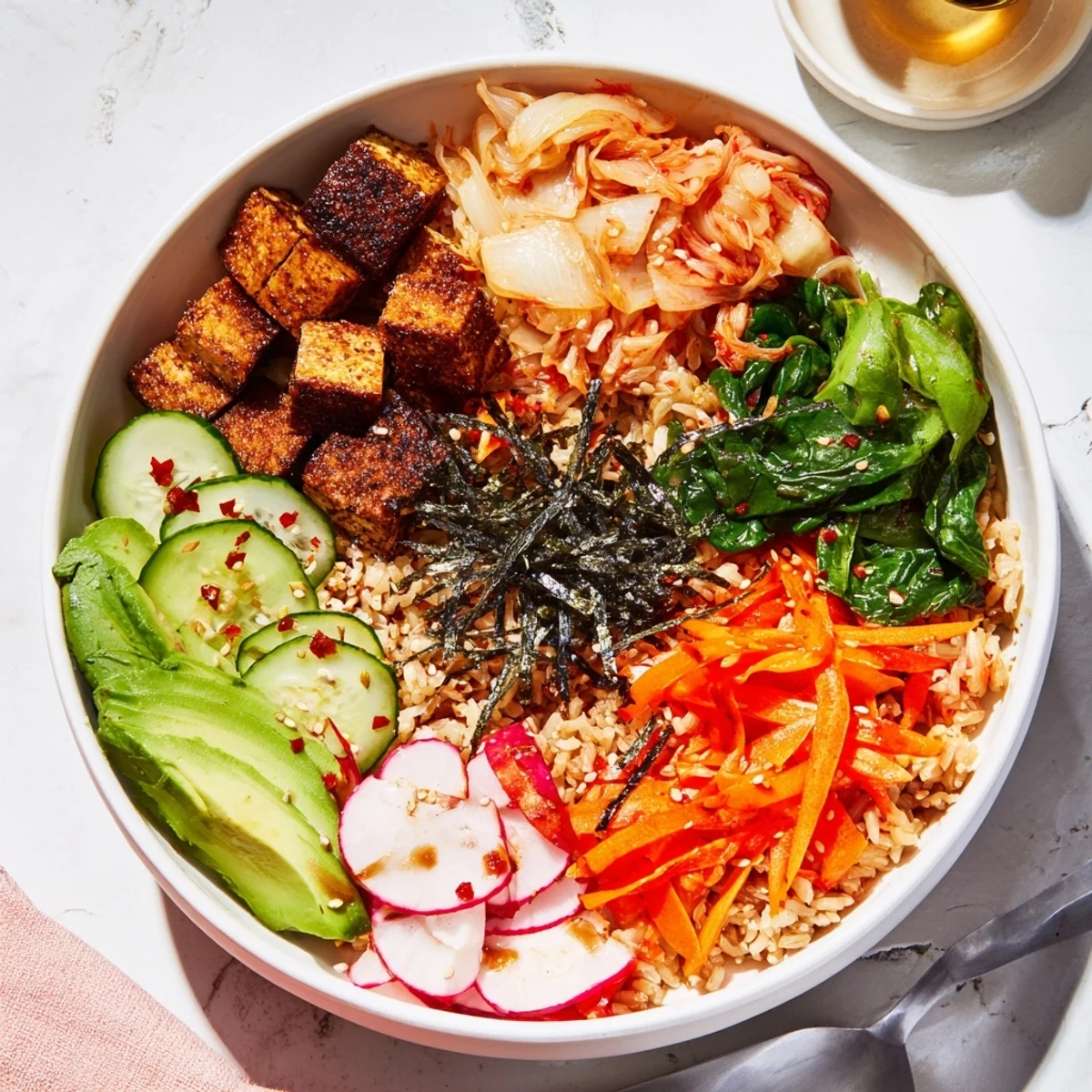 A colorful fermented vegetable bowl featuring tangy kimchi, fresh veggies, and grains.  
