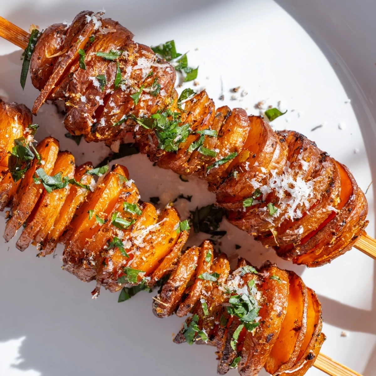 Crispy air-fryer tornado potatoes, seasoned and skewered, perfect for snacking.  