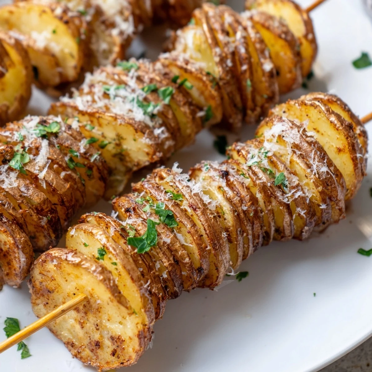 Golden spiral potatoes in the air fryer, garnished with Parmesan and parsley.  