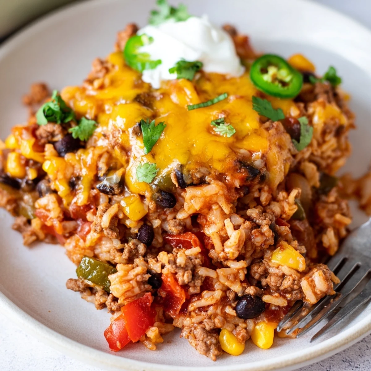 Hearty Tex-Mex Beef & Rice Casserole topped with gooey cheese and vibrant jalapeños.  