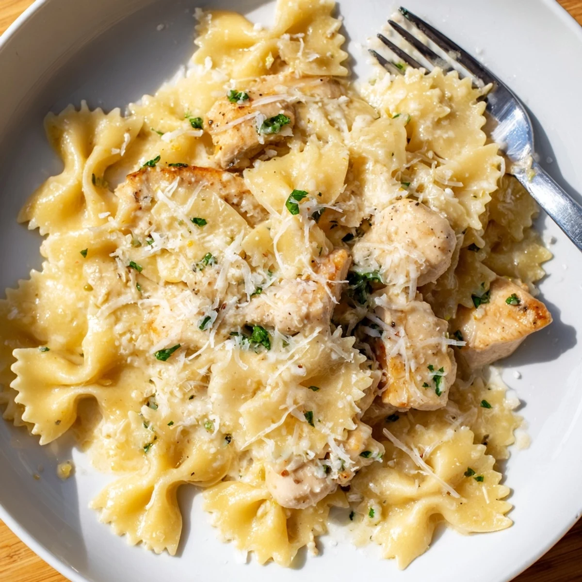 Sizzling chicken and bowtie pasta coated in rich garlic butter sauce  
