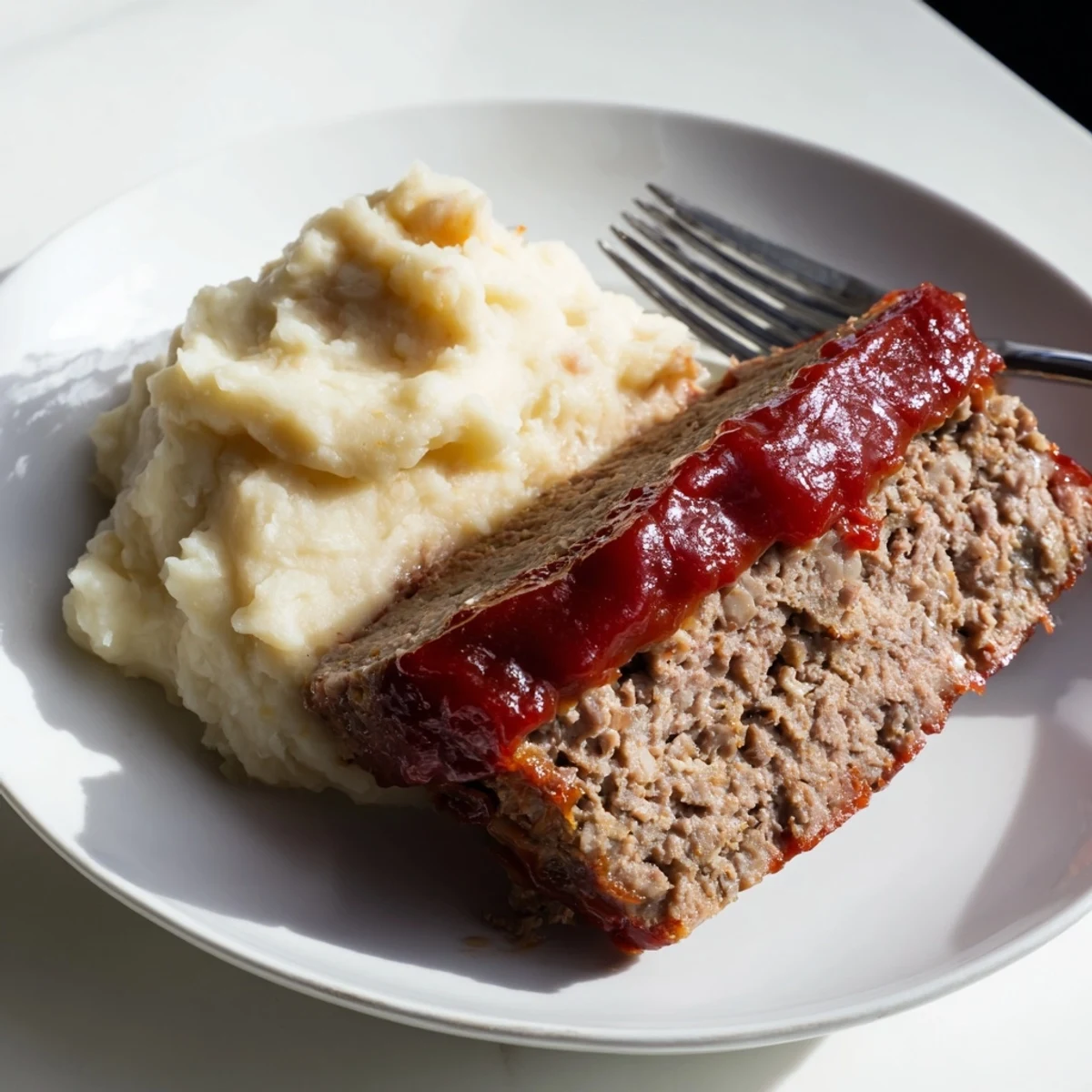 Classic Meatloaf, glazed with sweet ketchup and served with creamy mashed potatoes.