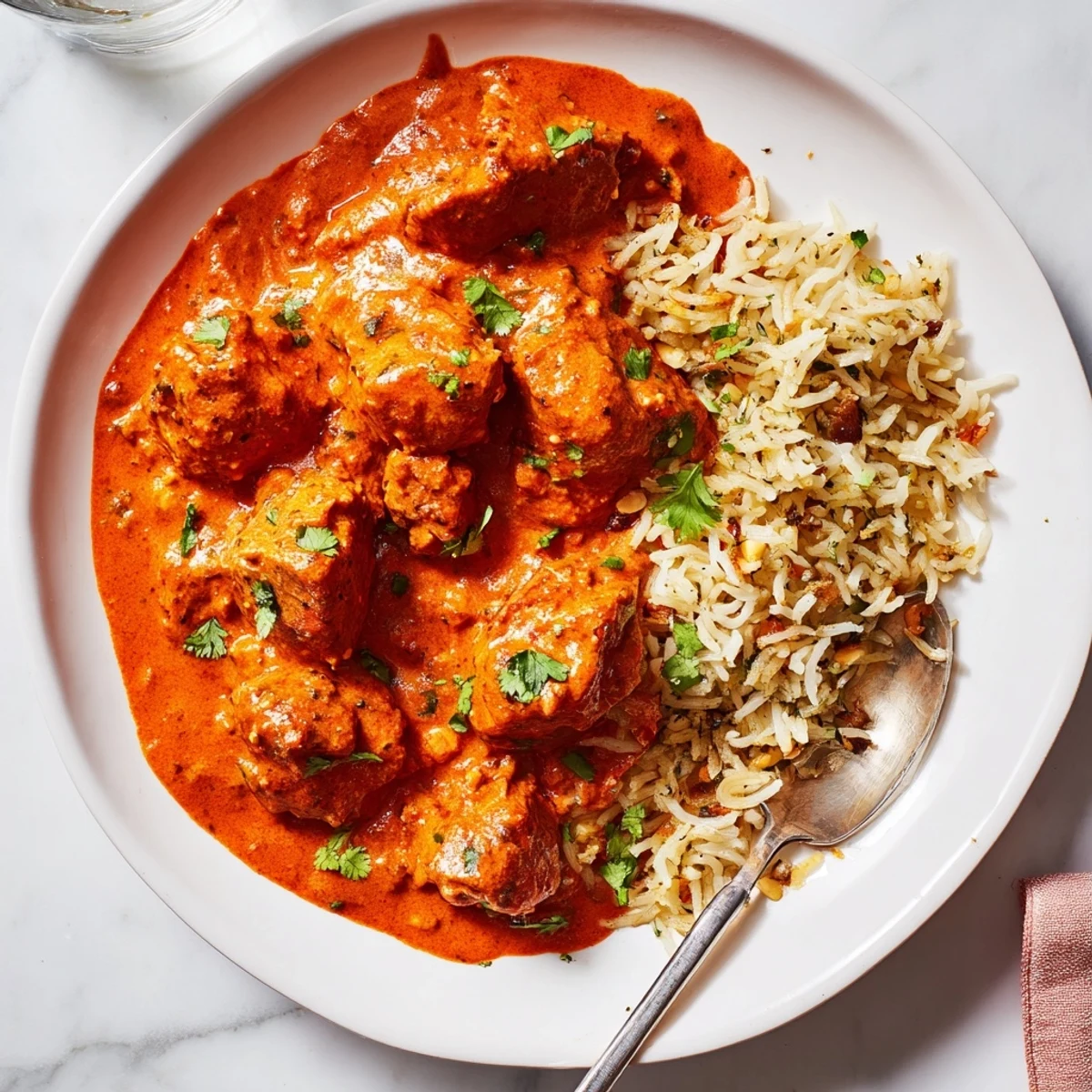 Vibrant butter chicken garnished with cilantro, paired beautifully with fluffy rice pilaf.