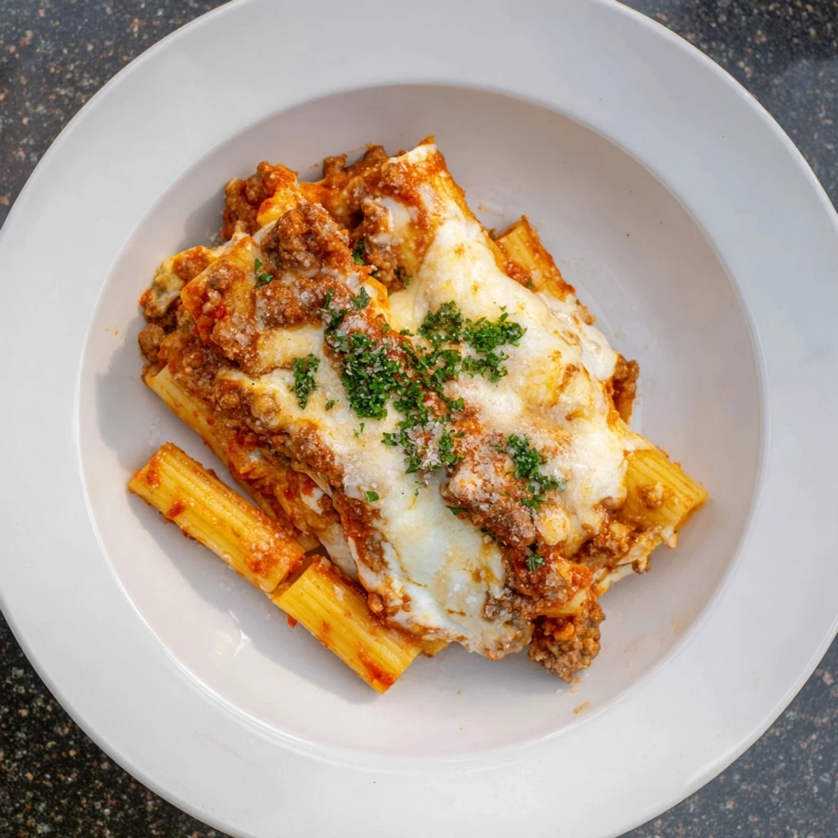 A bubbling, cheesy pan of freshly baked ziti with meat sauce, ready for serving tonight.