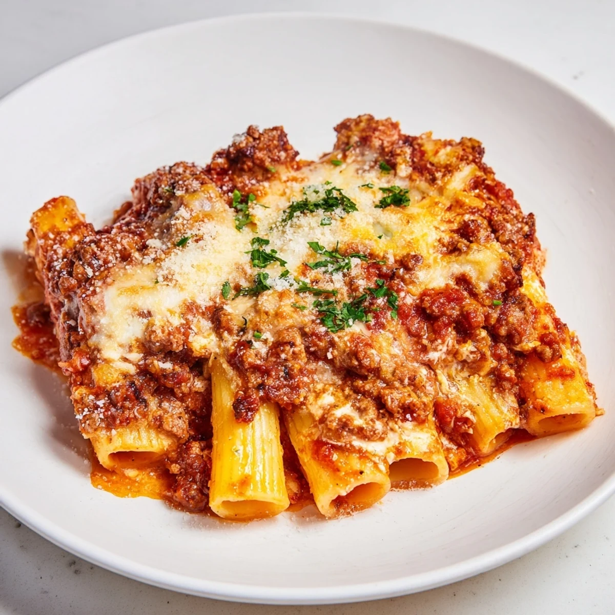 Rich, tomato-infused meat sauce coats tender ziti, topped with melted mozzarella in this Baked Ziti.