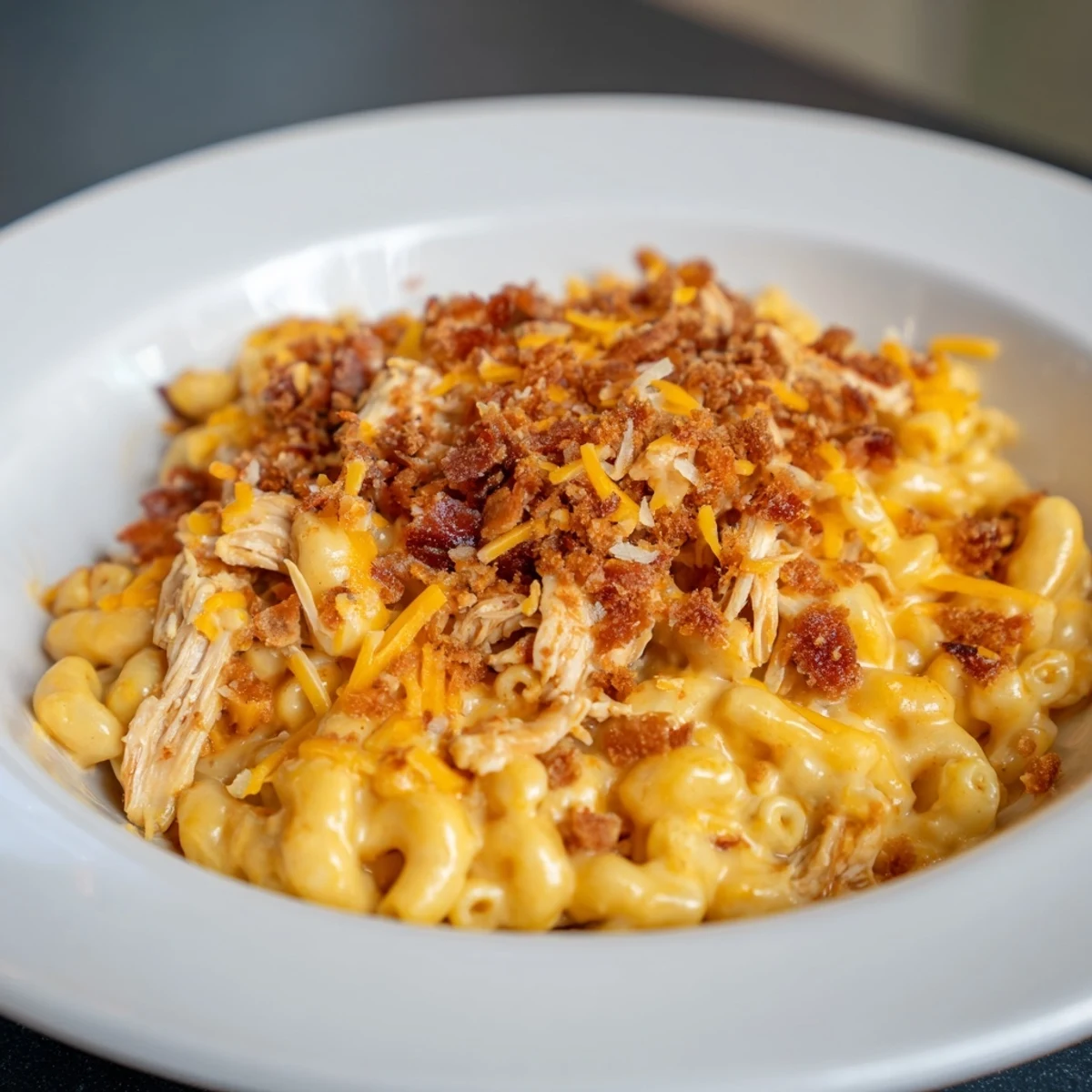 A comforting casserole of Classic Mac & Cheese with BBQ Chicken, featuring tender chicken and gooey cheese.