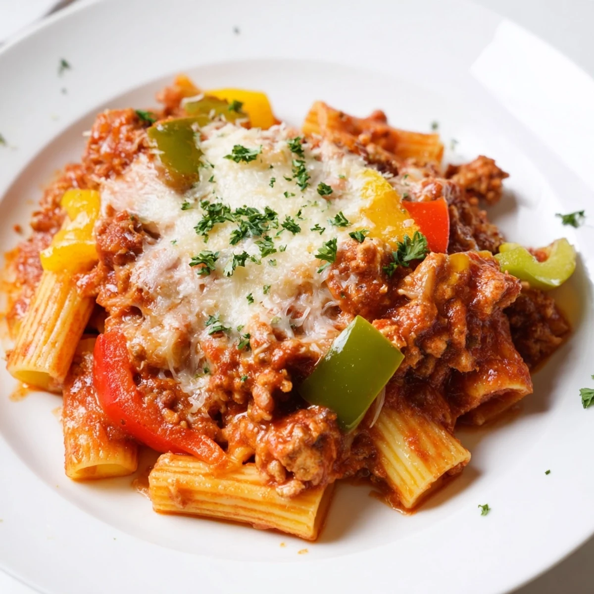 Baked rigatoni with sausage & peppers, bubbling hot from the oven, ready for serving.