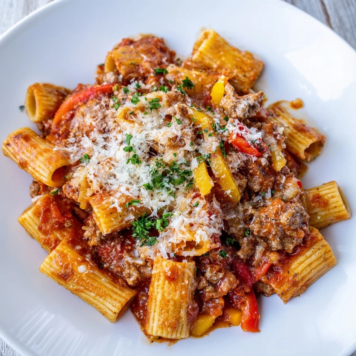 Golden-brown Baked Rigatoni with Sausage & Peppers, a comforting Italian-American family meal.