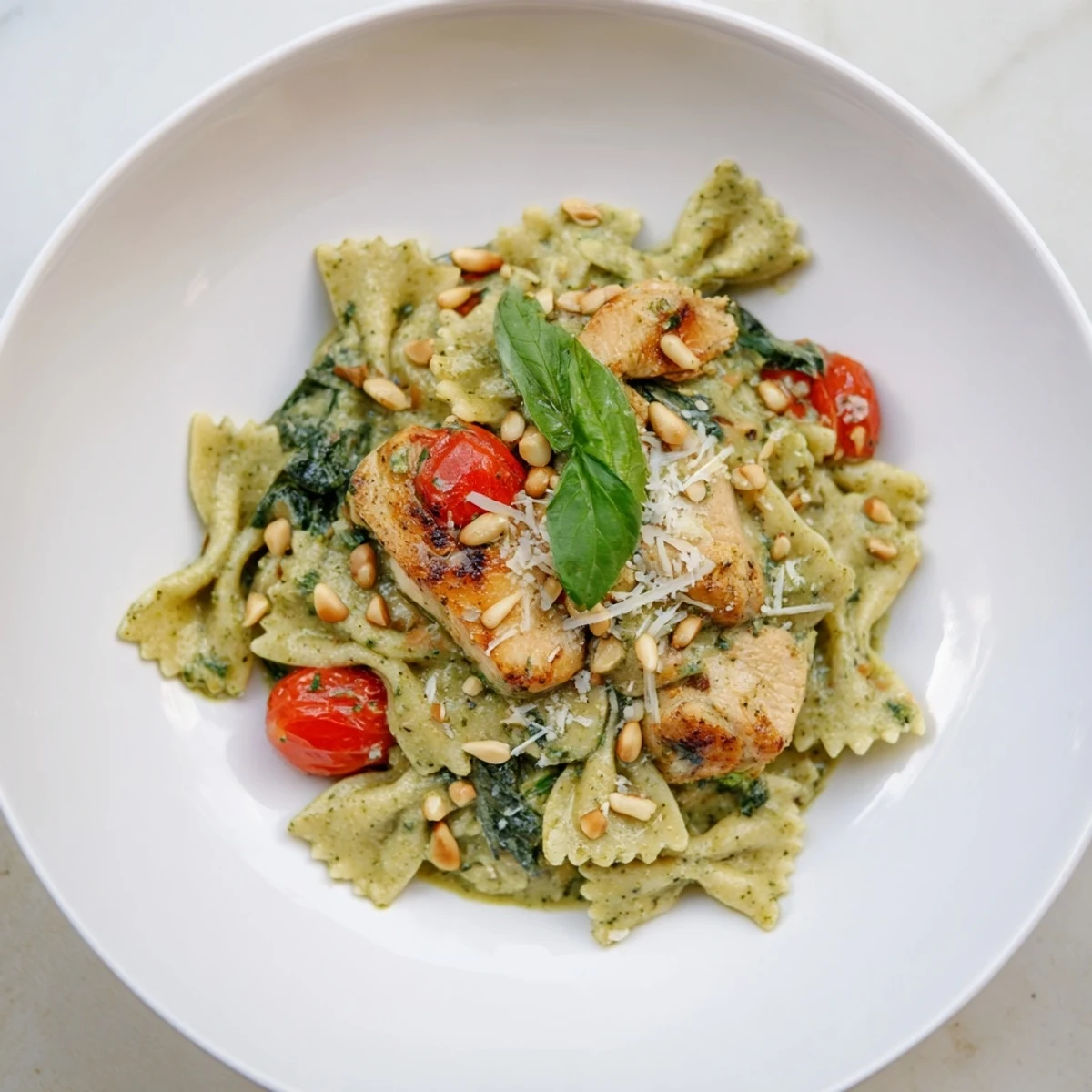 Golden chicken pieces mingle with bowtie pasta and rich pesto sauce in this flavorful Pesto Chicken pasta.