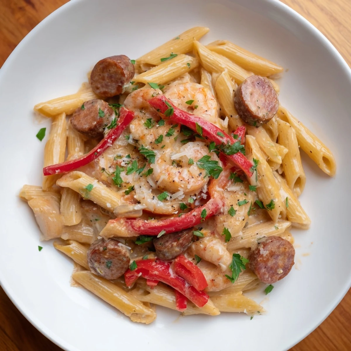 Cajun Sausage & Shrimp Alfredo Pasta Skillet sizzling with shrimp and sausage, tossed in a creamy, spicy sauce.