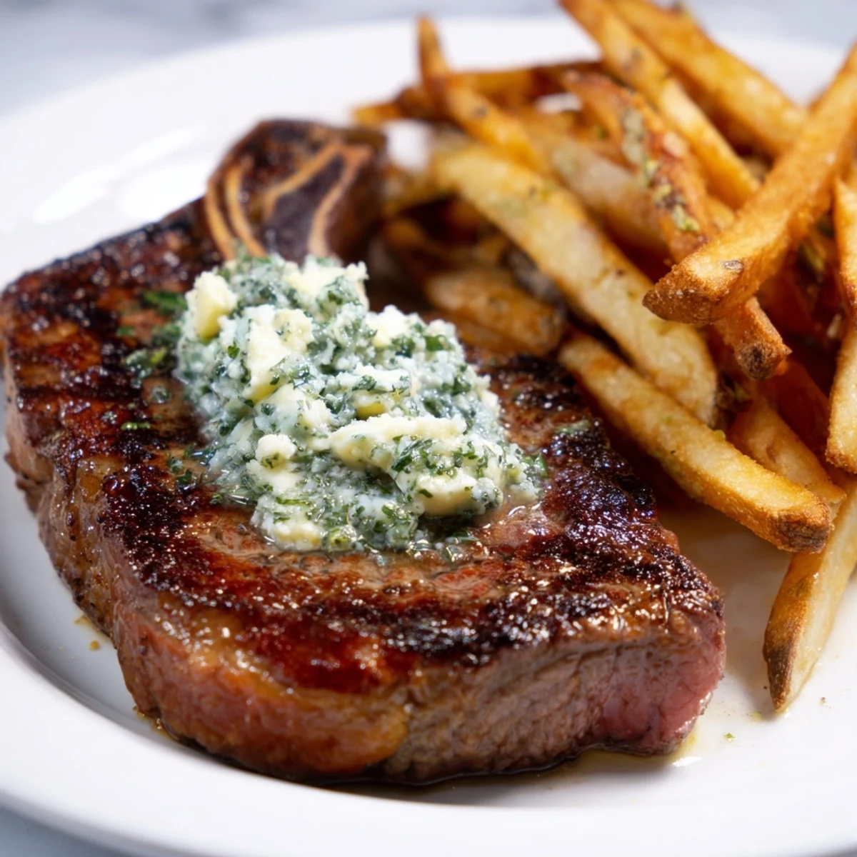 Mouthwatering image of a perfectly cooked Steakhouse Garlic Butter Steak & Fries served with golden, seasoned fries.