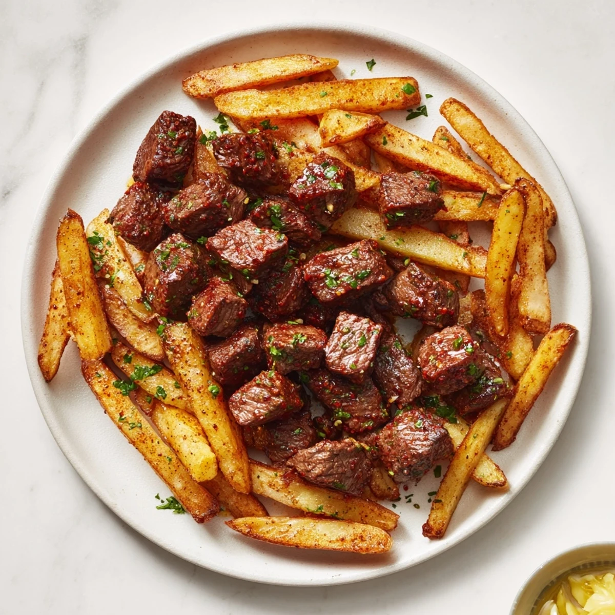 Tender, seared Blackened Cajun Steak Bites with a dusting of parsley, alongside perfect fries.