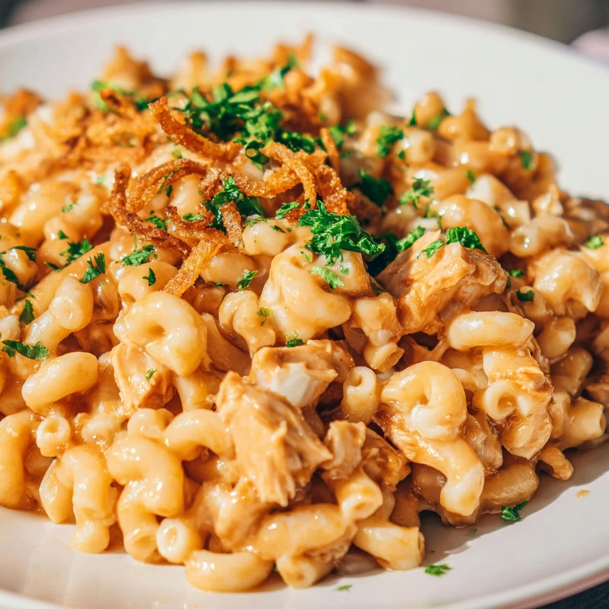 One-Pot Honey BBQ Chicken Mac and Cheese, bubbling and cheesy, ready to serve with parsley.