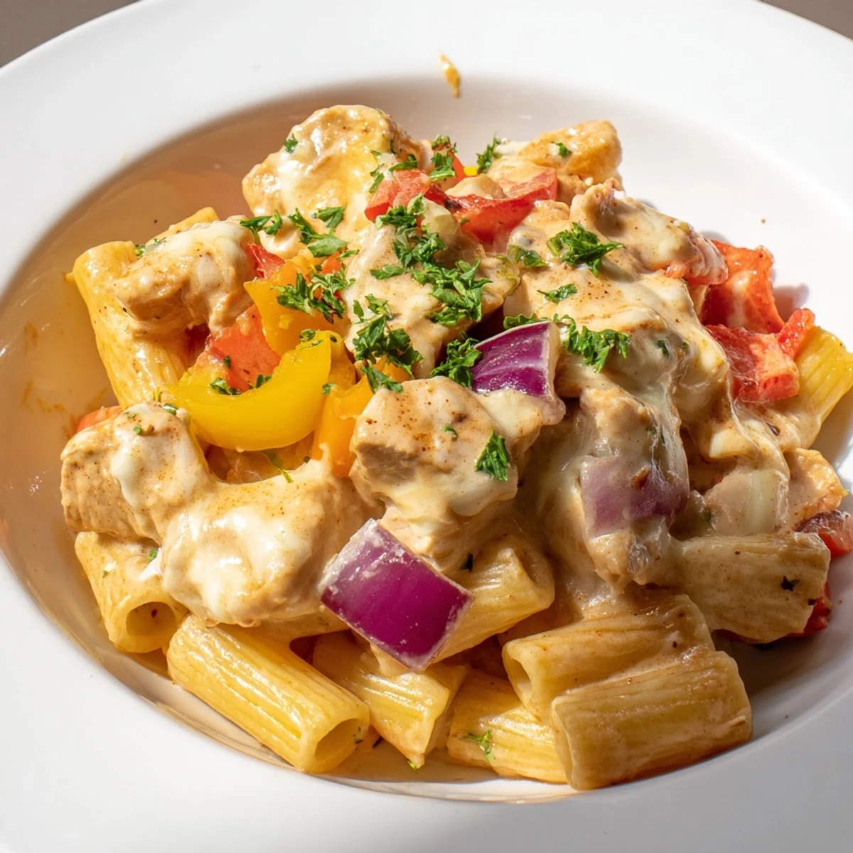 Golden, bubbly Cajun Chicken Pasta Bake fresh out of the oven, perfect for a cozy dinner.