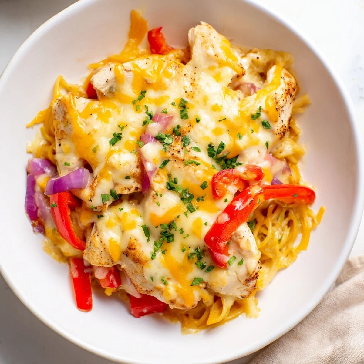Creamy, cheesy Cajun Chicken Pasta Bake with a sprinkle of parsley, ready to be served.