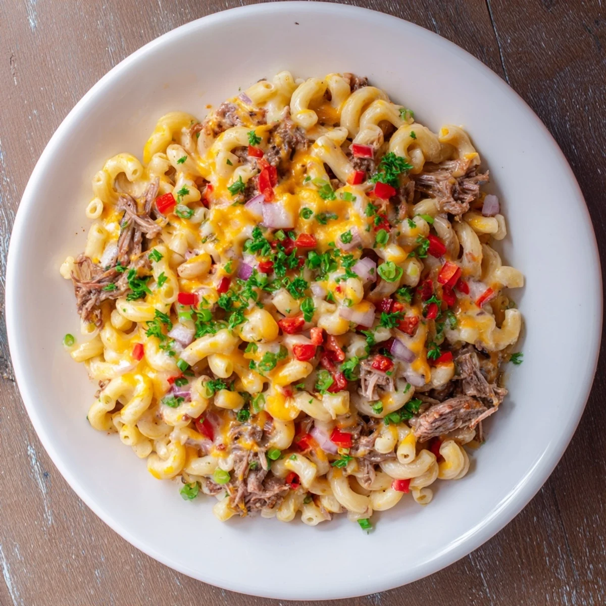 This savory BBQ Rib Macaroni Skillet features a cheesy topping surrounding the saucy rib pasta.