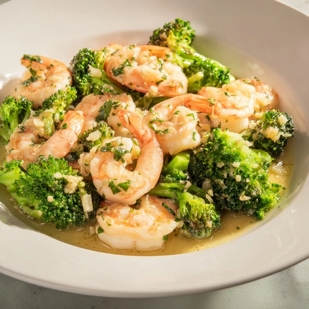 Vibrant Lemon Butter Shrimp & Broccoli, sizzling in a pan with tender broccoli florets, ready to be enjoyed.