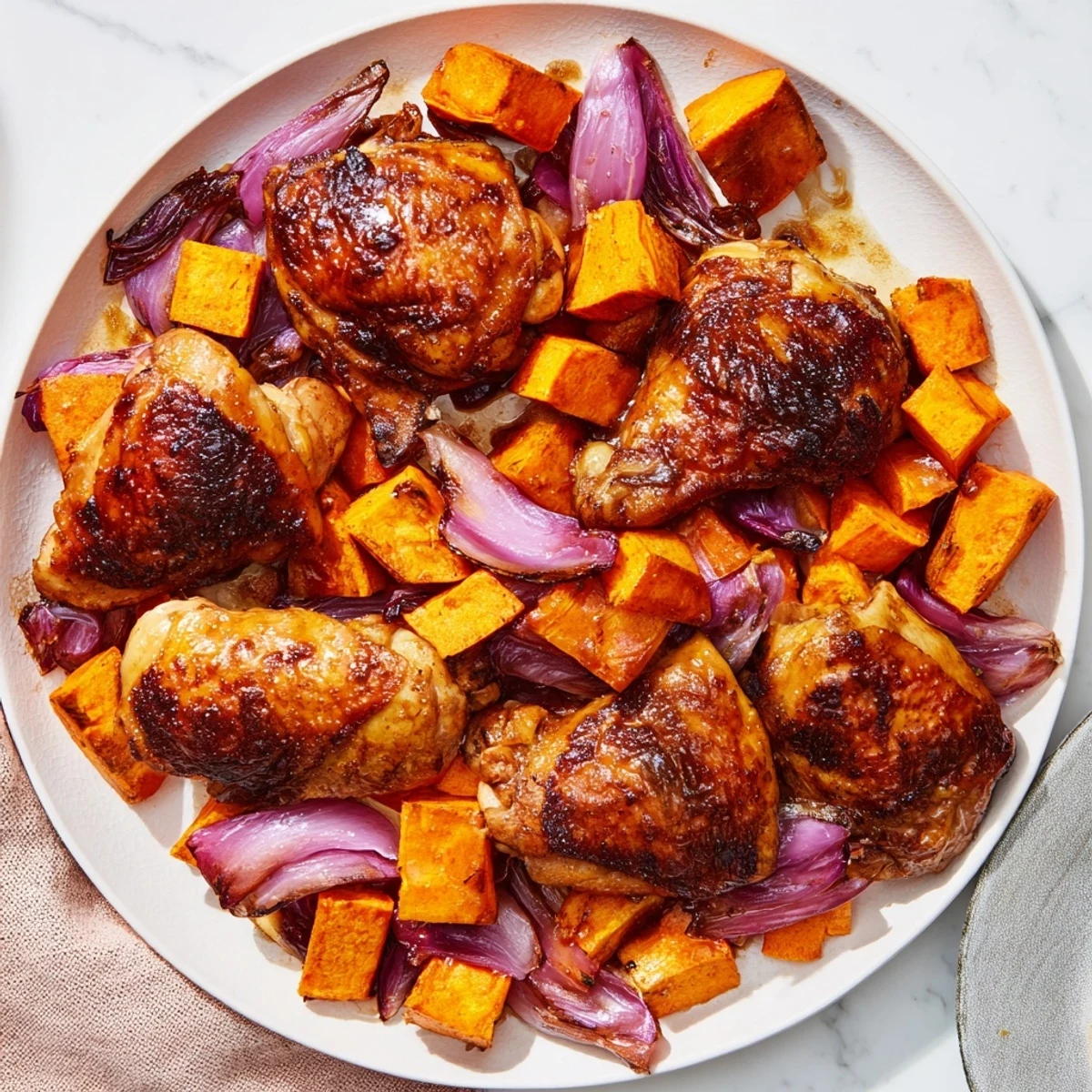 Golden-brown Maple Glazed Chicken & Sweet Potato Bake with tender vegetables and savory aroma filling the kitchen.