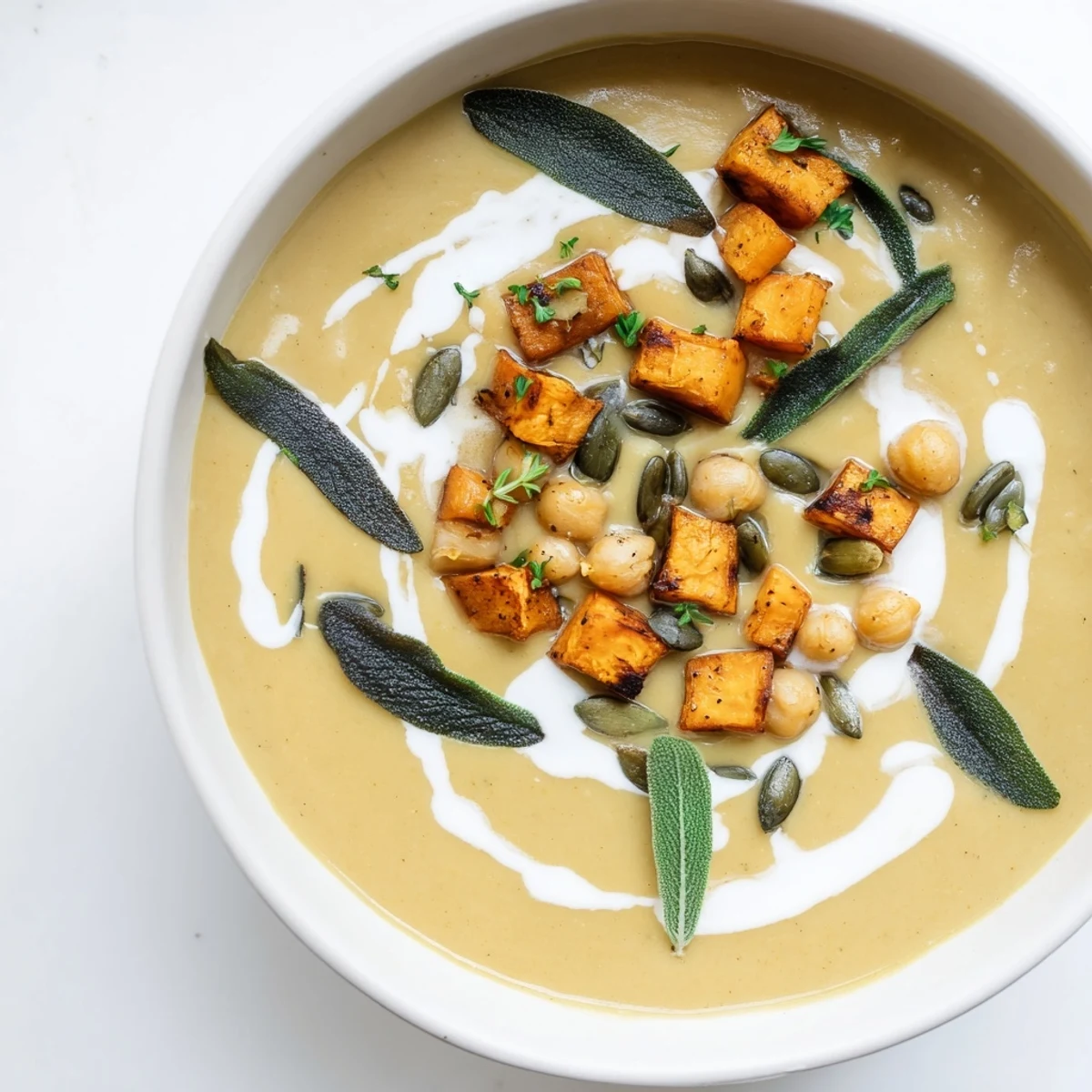 Golden-hued Chickpea, Pumpkin & Sage Soup, showcasing roasted pumpkin and the aromatic sage throughout.