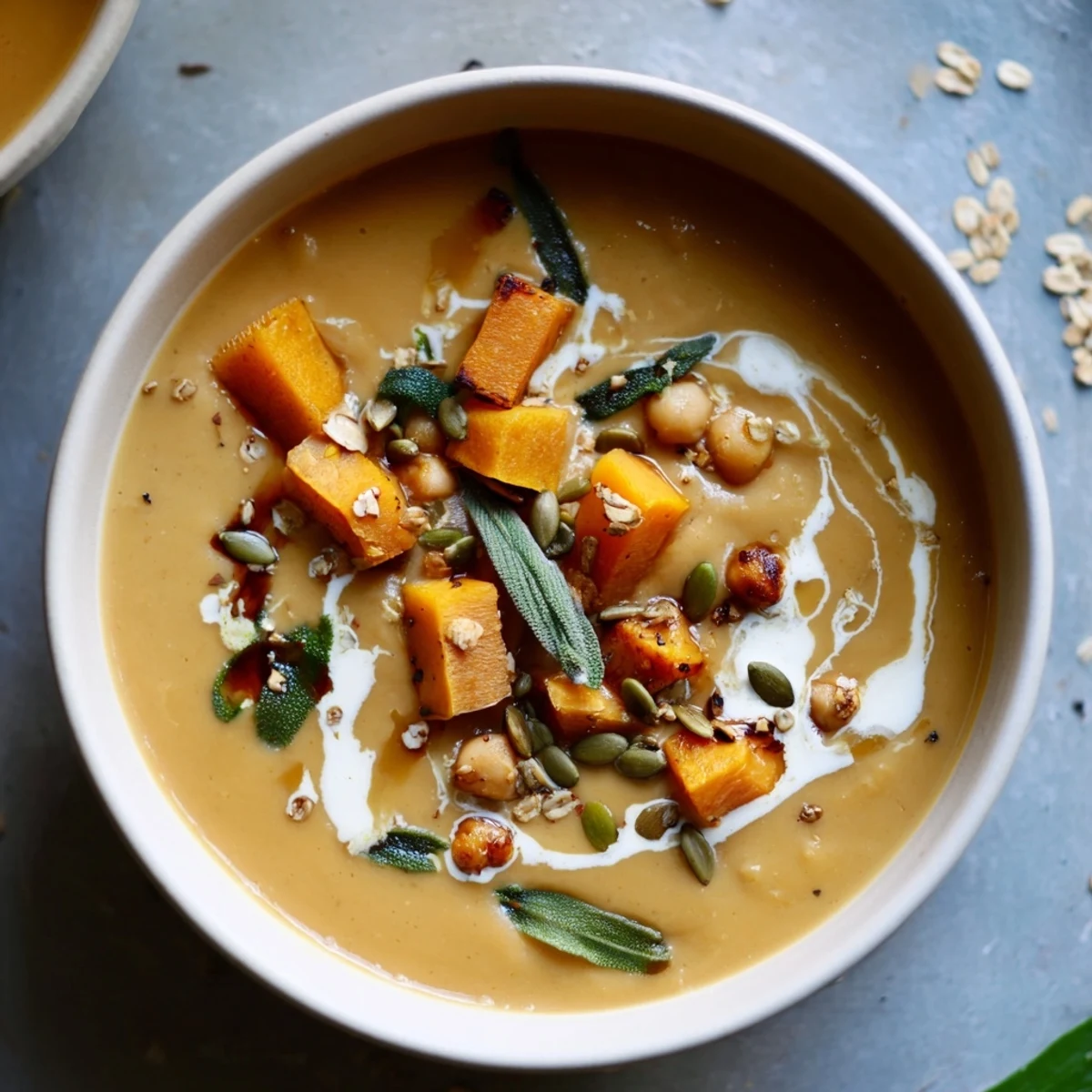 Creamy Chickpea, Pumpkin & Sage Soup: a close-up bowl of warm, blended soup with vibrant orange color.