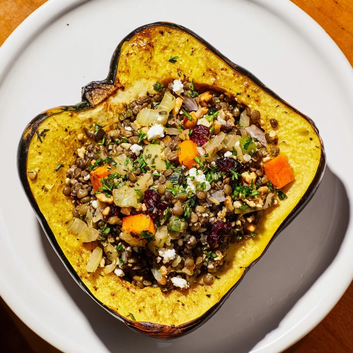 Golden brown Lentil & Walnut Stuffed Acorn Squash served warm, garnished with fresh parsley.