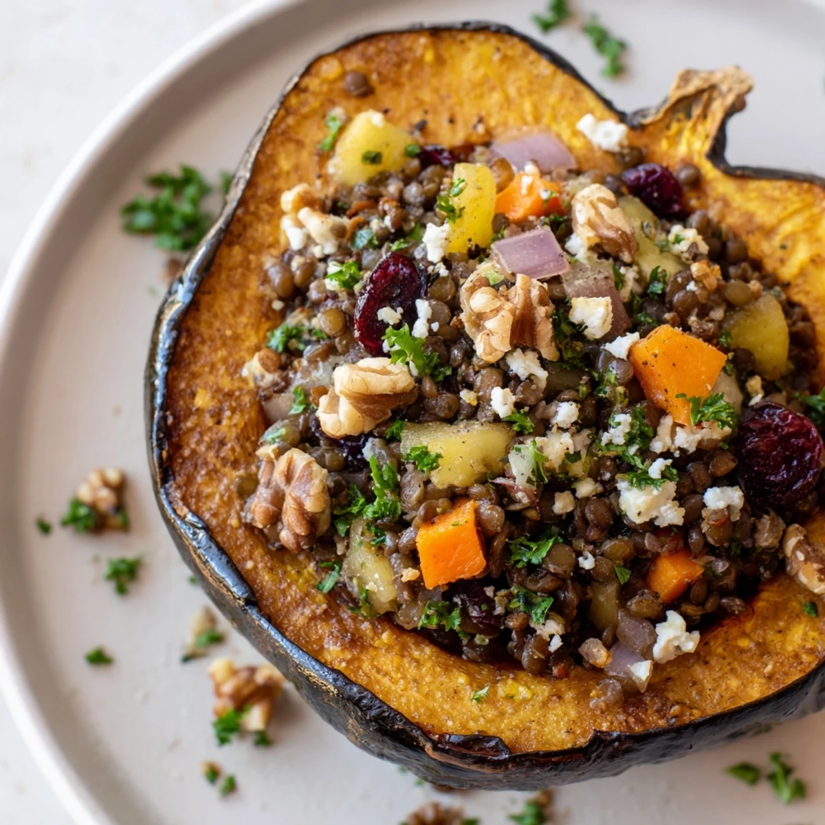 Close-up of baked Lentil & Walnut Stuffed Acorn Squash, showcasing the hearty lentil and walnut filling.