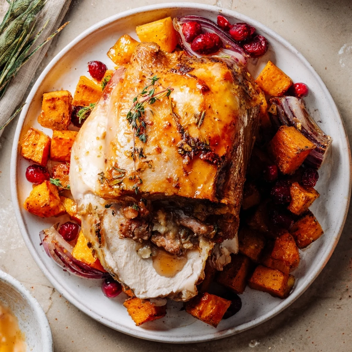 Sheet-pan roasted turkey breast with glistening cranberry glaze, vibrant vegetables, ready to serve.