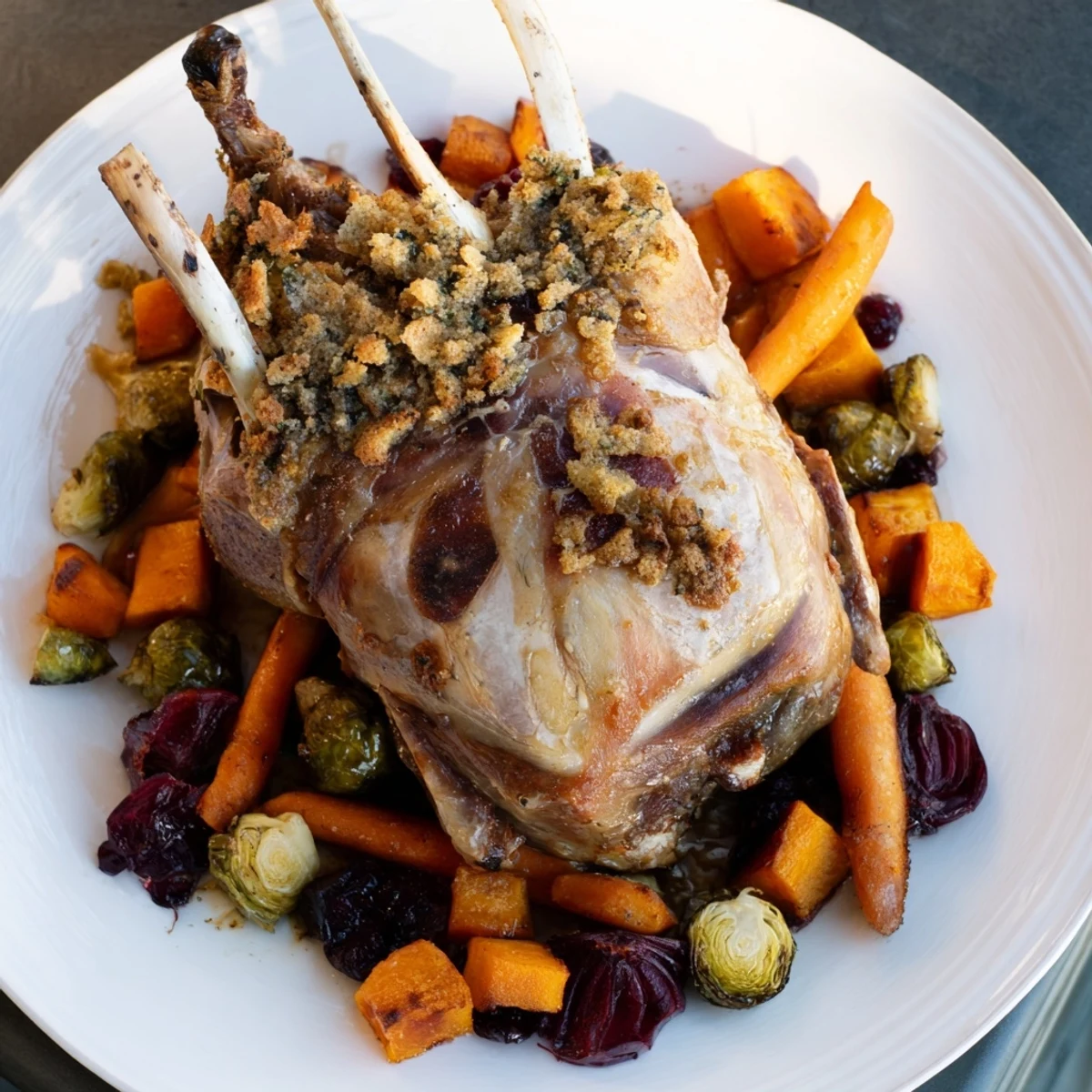 Perfectly golden sheet-pan roasted turkey breast fragrant with herbs alongside roasted winter vegetables.