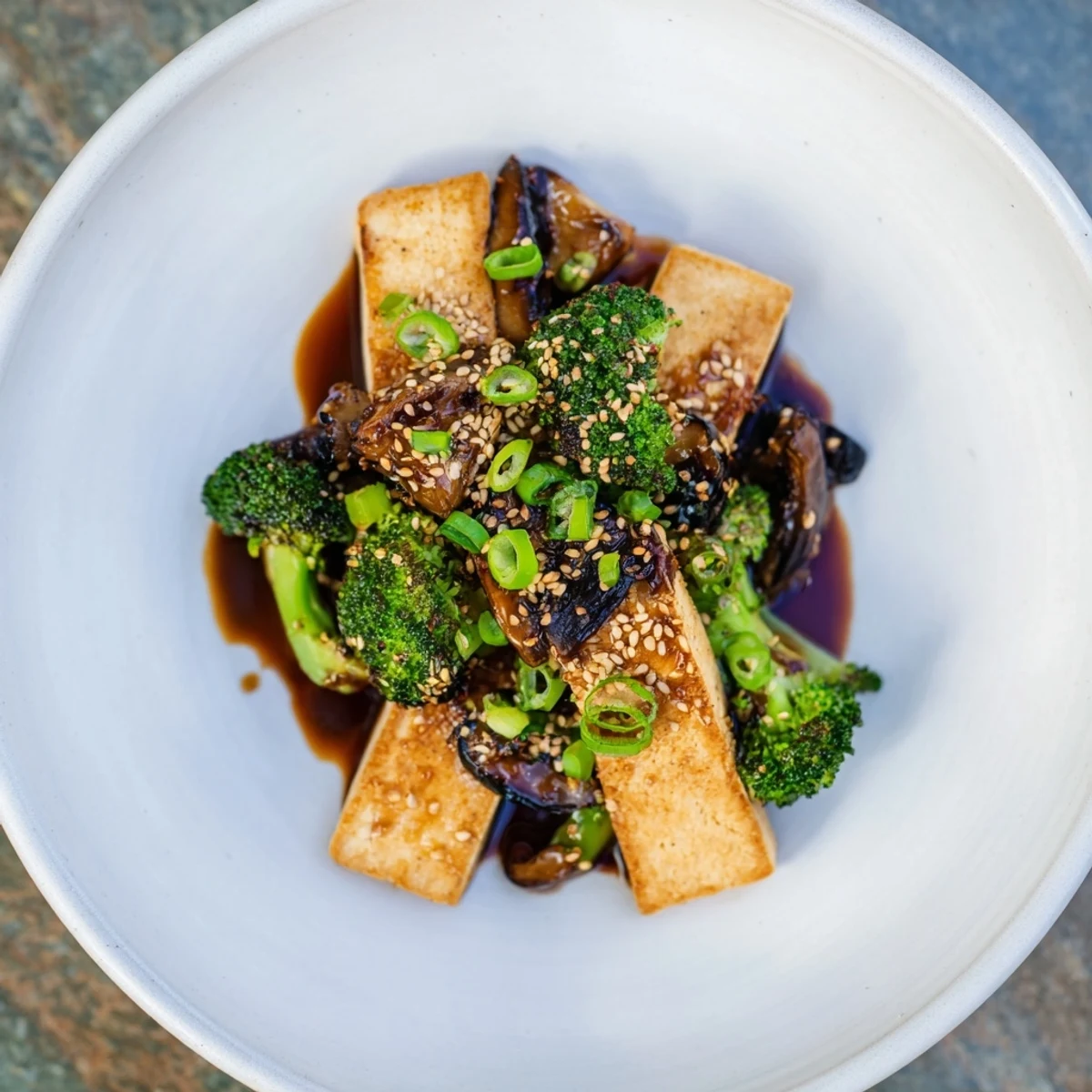 A close-up view of Sautéed Tofu Steak, featuring tender broccoli and savory mushrooms in a glossy sauce.