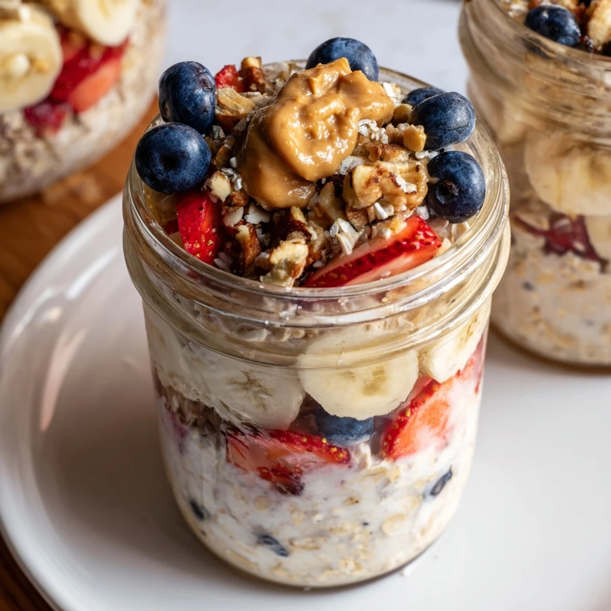 Chilled Overnight Oats Jars, bursting with berries and peanut butter for a healthy breakfast.