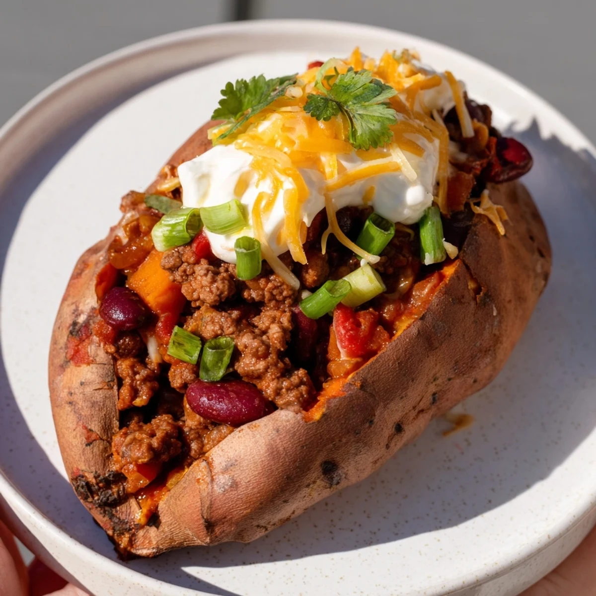 Steaming hot baked sweet potato stuffed with flavorful, rich chili, ready for a satisfying bite.
