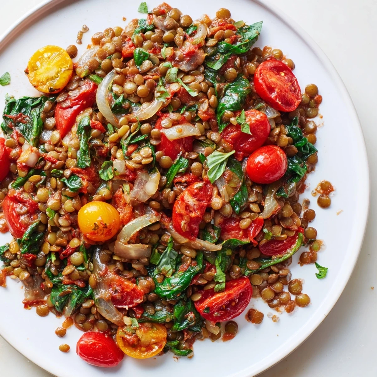 Steaming Lentil-Tomato Skillet, a one-pan Mediterranean delight with herbs, colorful vegetables, and savory lentils.