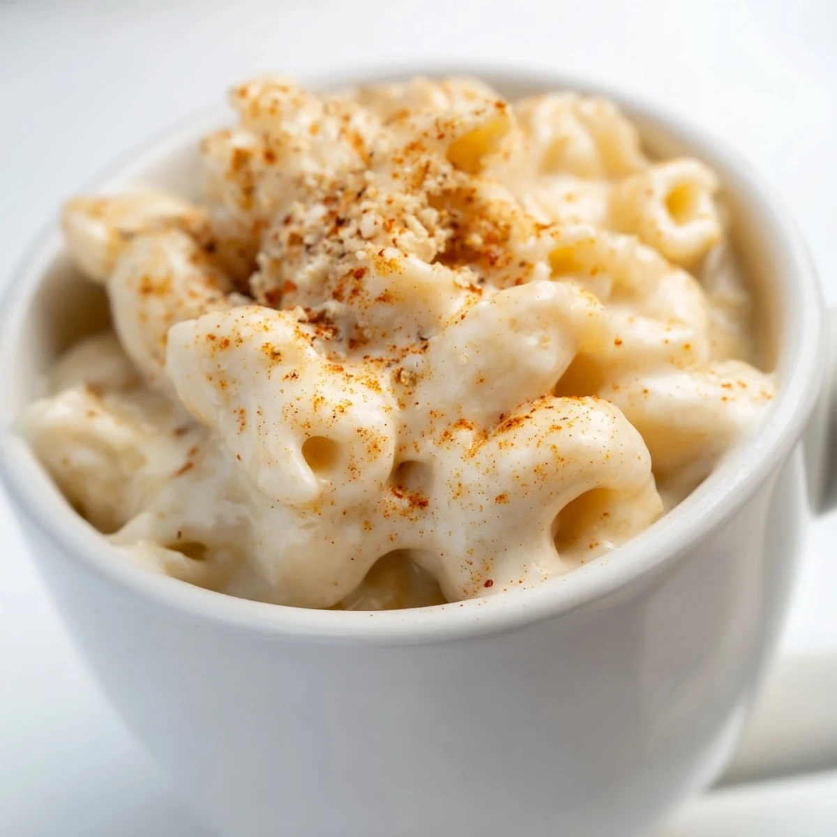 Steaming mug mac & cheese, topped with paprika and Parmesan—a quick, cheesy comfort food.