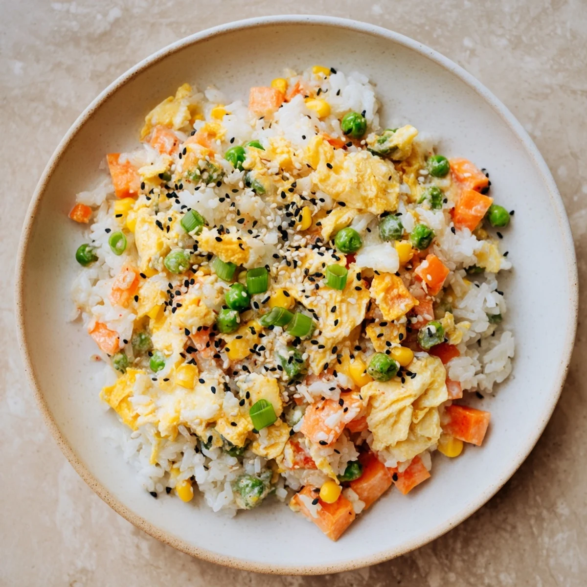 Golden fried rice dish with fluffy eggs and vibrant frozen veggies, a delicious Frozen Veggie Fried Rice.
