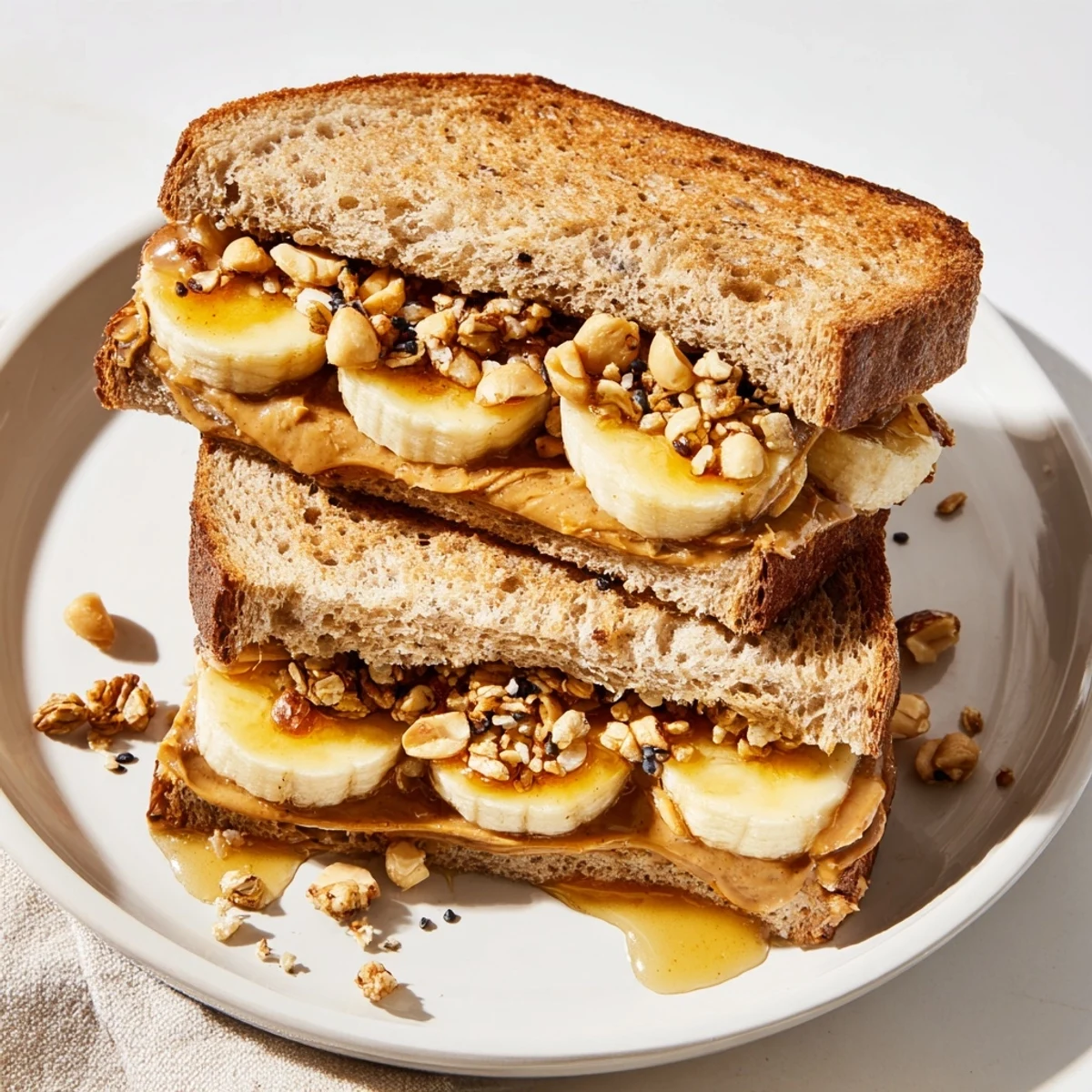 Golden toasted peanut butter and banana sandwich upgrade, drizzled with honey, ready to enjoy.