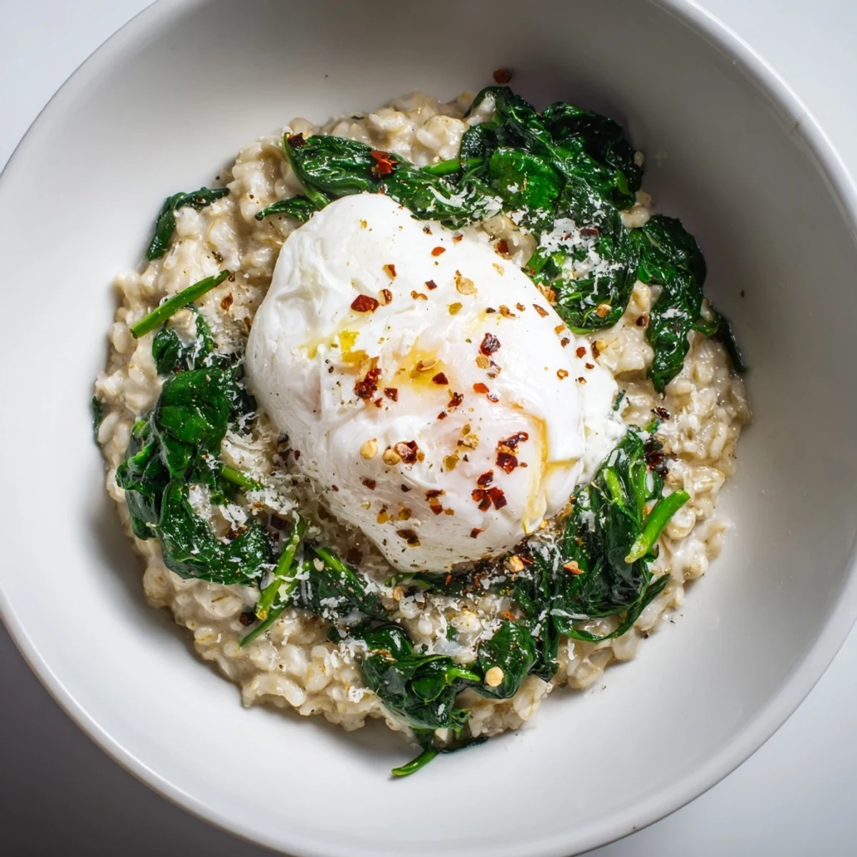 Enjoy a comforting serving of Savoury Oatmeal with Spinach & Poached Egg: healthy breakfast ready to eat.