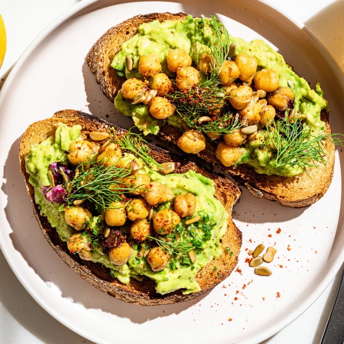 Toasted rustic bread topped with creamy avocado toast with chickpeas, herbs, and vibrant colors.