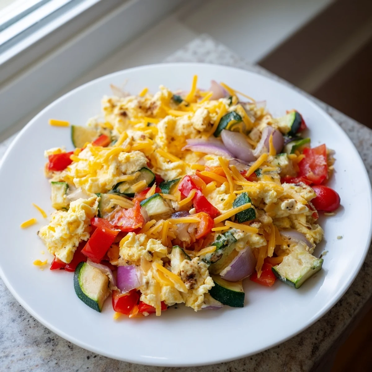 Golden-brown Egg & Veggie Sheet Pan Scramble with roasted vegetables and melted cheese, ready to serve.