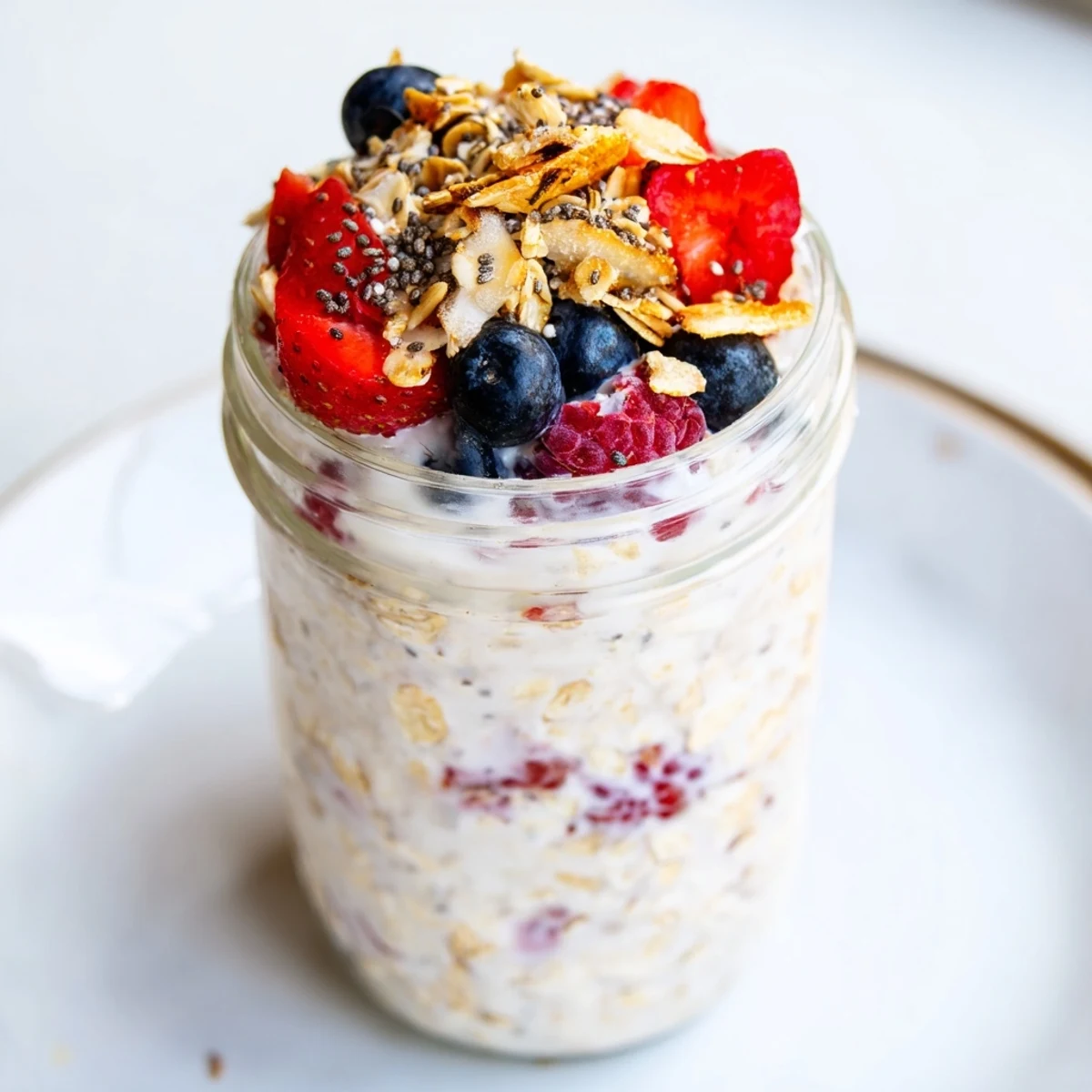 Close-up of customizable Overnight Oats in Jars, topped with bananas and creamy peanut butter.