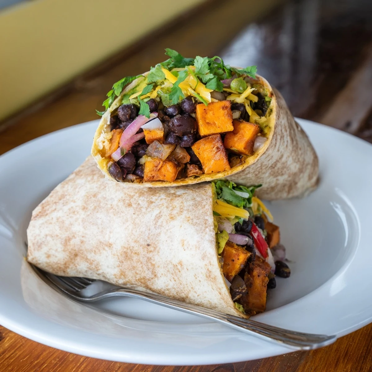 Golden roasted sweet potato and black bean breakfast burritos—a satisfying, flavorful vegetarian meal.