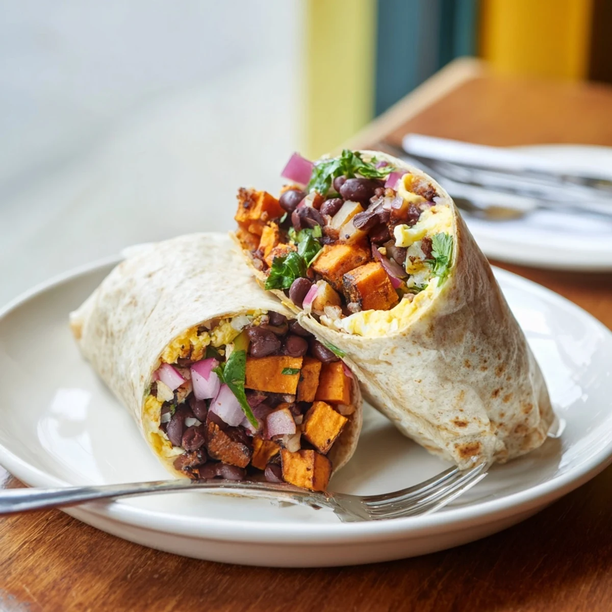 Flavorful Sweet Potato & Black Bean Breakfast Burrito, ready to eat, with melted cheese and fresh cilantro.