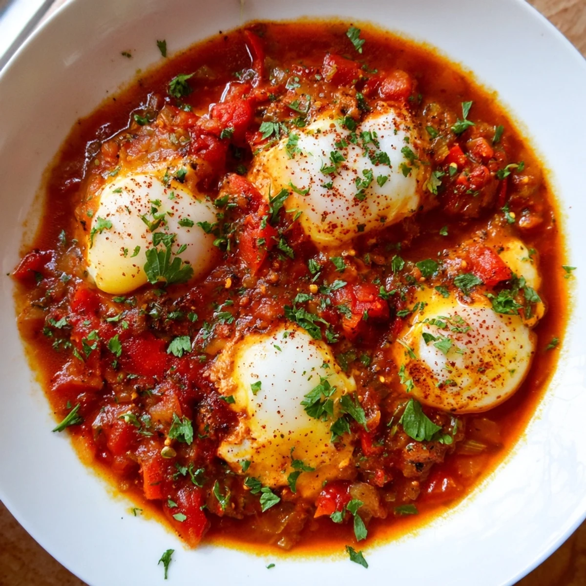 Hearty savoury baked eggs in tomato sauce, with a vibrant red sauce and perfectly set eggs, ready to eat.