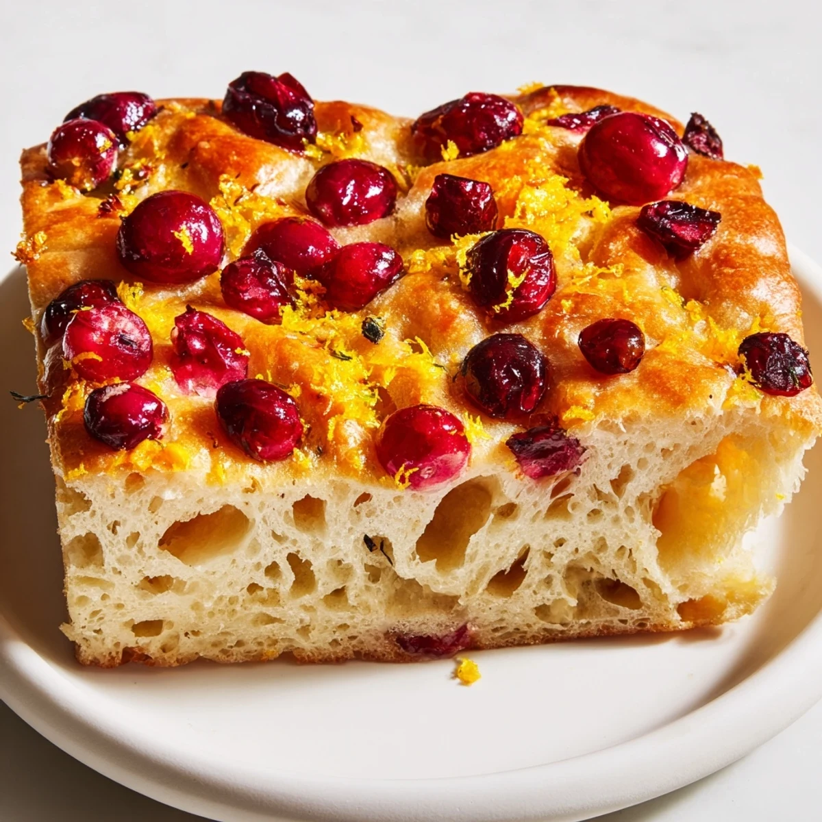 Golden-crusted Cranberry Orange No-Knead Focaccia topped with bright red cranberries and sweet orange zest.