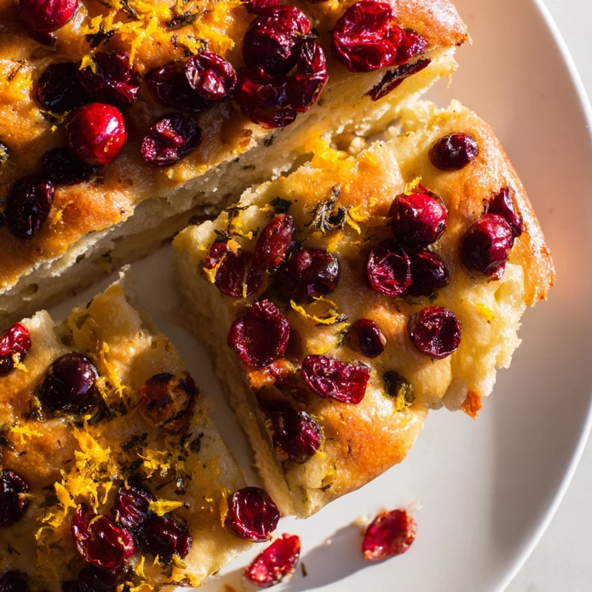 Fluffy, dimpled Cranberry Orange No-Knead Focaccia, baked to perfection with a deliciously crisp bottom.
